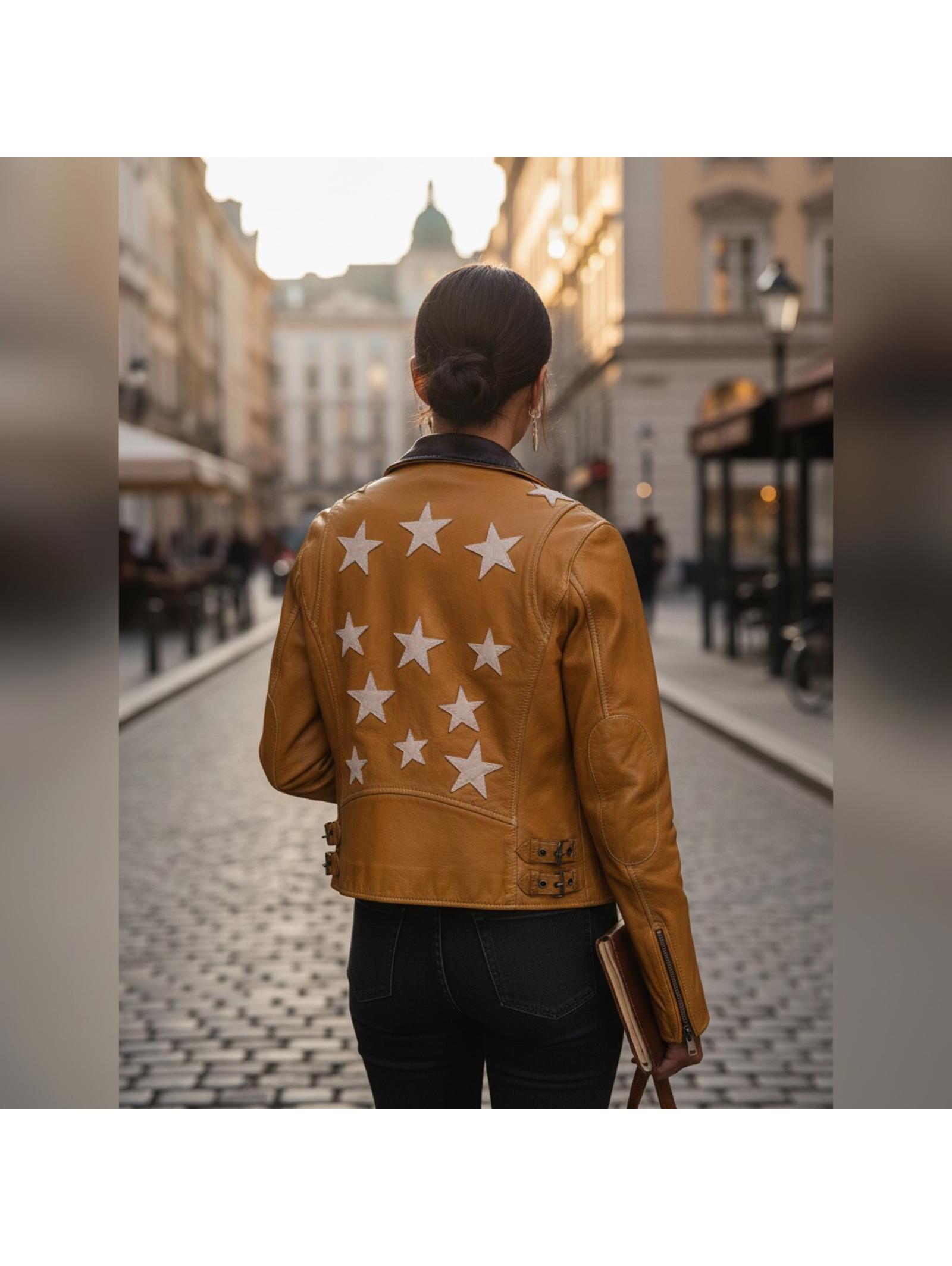 Mauritius Vintage Mustard Yellow & Navy Motorcycle Leather Jacket W Stars Us 10